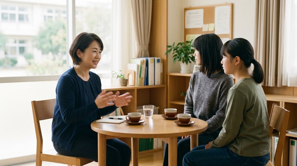 相談室の丸いテーブルで、職員が保護者と高校生に穏やかに説明している