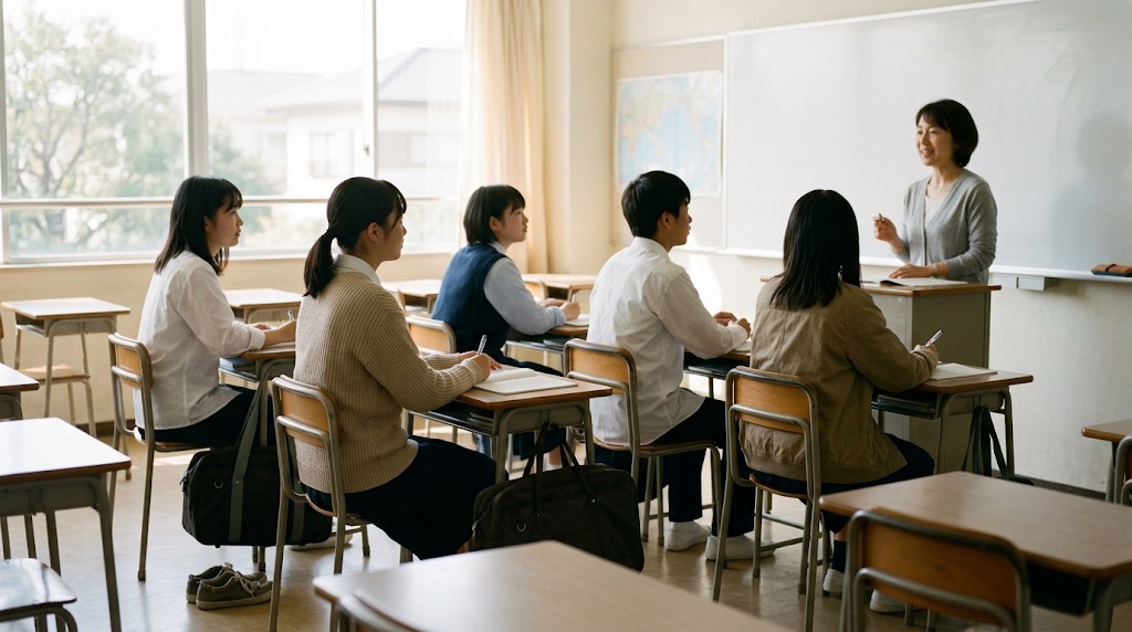 明るい教室で先生の話を聞く私服の高校生たち