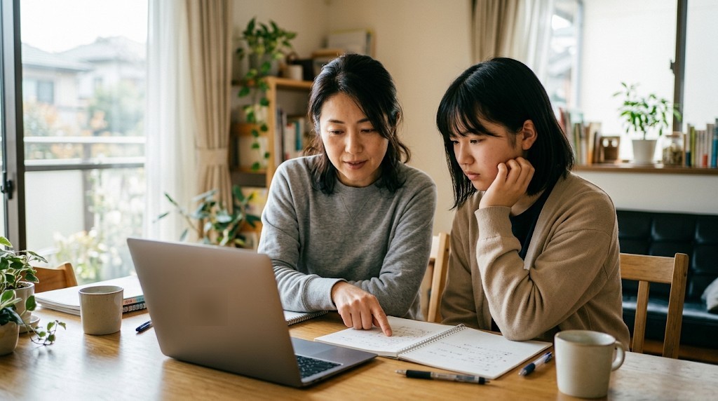 明るいリビングのテーブルで、ノートパソコンとノートを見比べながら学校を調べる母親と高校生の娘