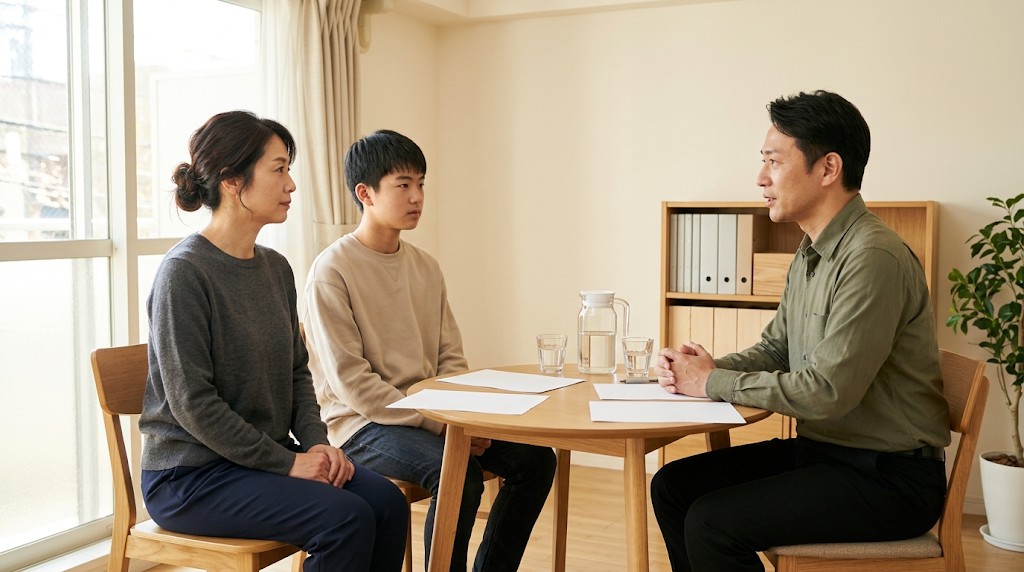 明るい相談室の丸テーブルで、職員の説明を並んで聞く母親と高校生の息子