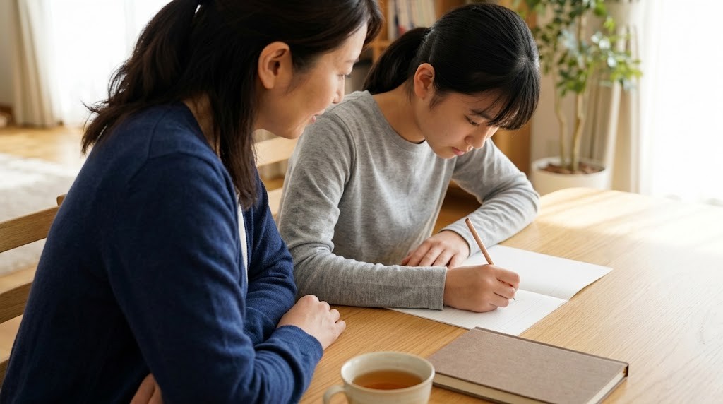 ダイニングテーブルで、高校生が罫線の紙に鉛筆で書き、母親がそばで見守っている