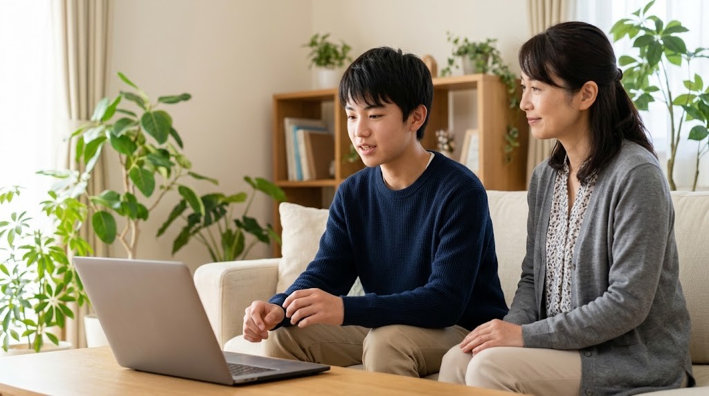 明るいリビングで、高校生がノートパソコンの前で話し、隣で母親が聞いている