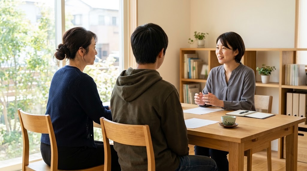 相談室で、保護者と高校生が職員と向き合って話している