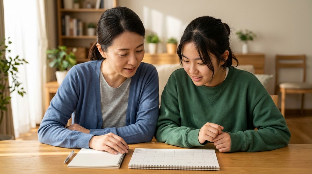 明るいリビングのテーブルで、カレンダーとノートを見ながら転入の時期を話し合う母親と高校生の娘