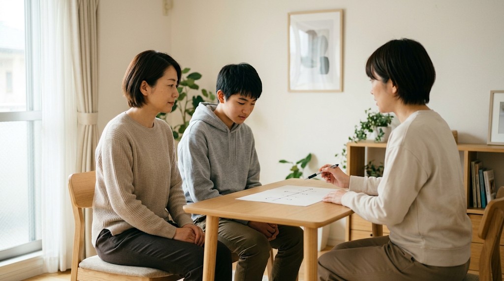 明るい相談室で、職員が紙に書いた線を指しながら説明するのを聞く母親と高校生の息子