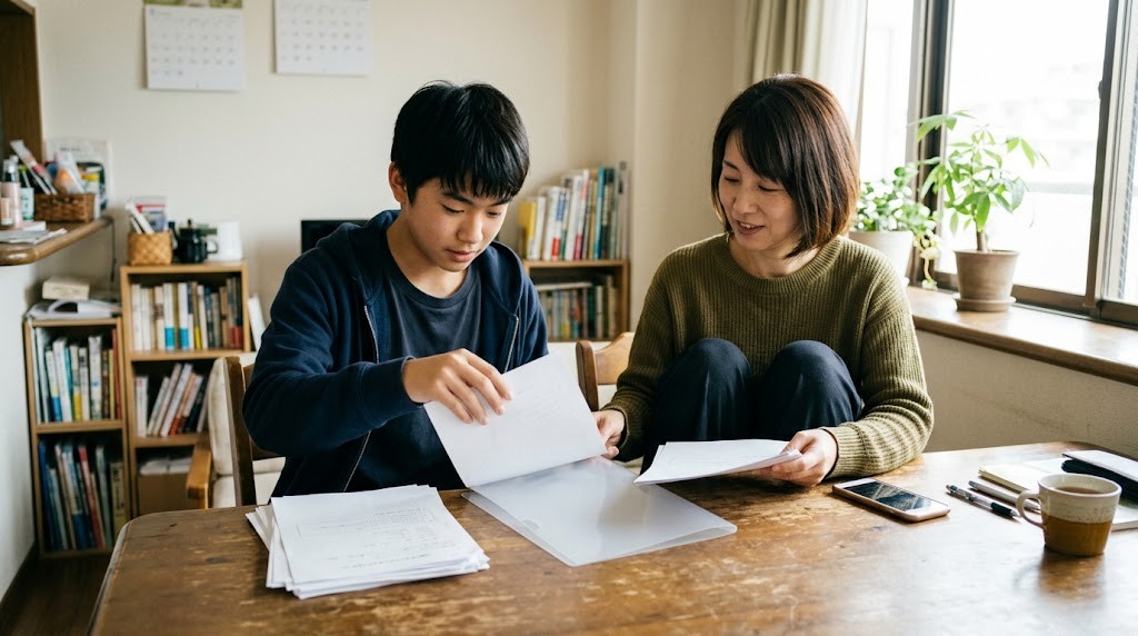 リビングのテーブルで、高校生と母親がプリントを一緒に整理している