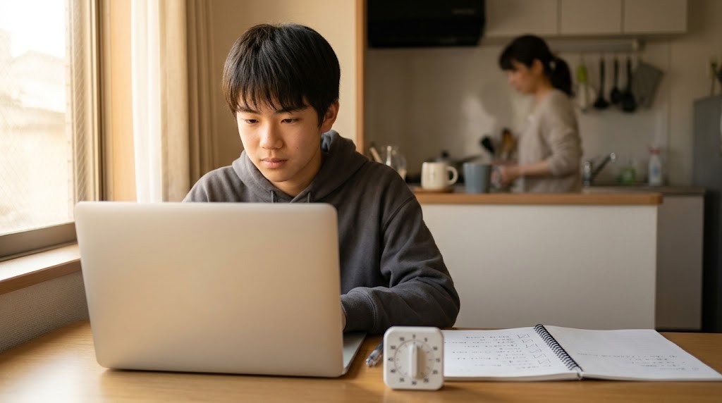 自宅の机で、高校生がノートパソコンに向かい、奥のキッチンに家族がいる