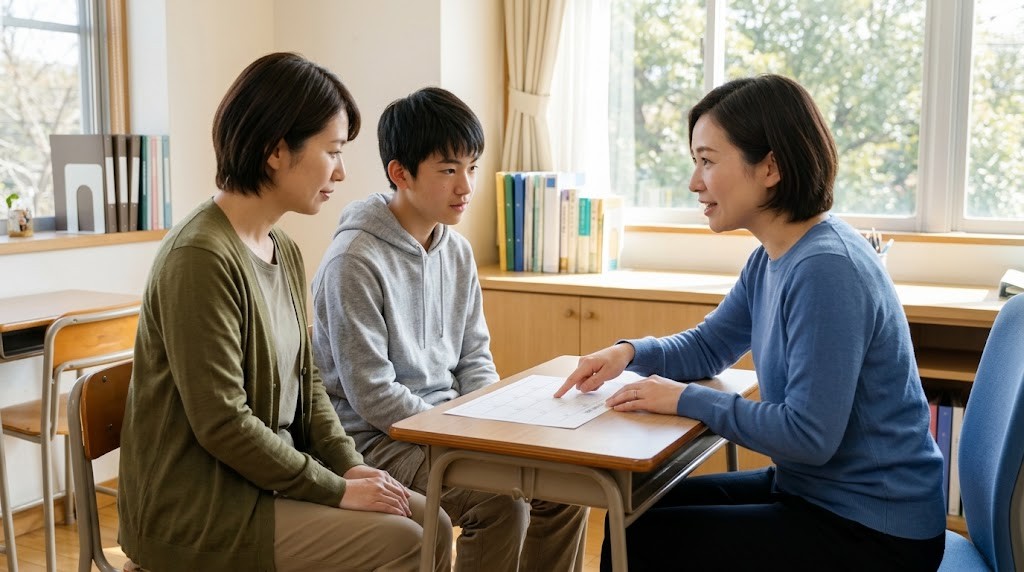 相談室で、先生が紙を指しながら保護者と高校生に説明している