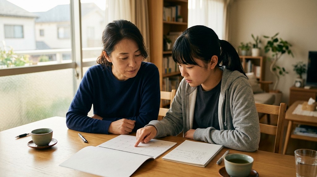 明るいダイニングテーブルで、母親と高校生の娘が並んで座り、カレンダーとノートを見ながら転校の時期を話し合っている様子
