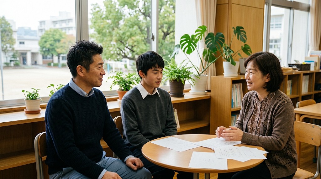 学校の相談室の丸テーブルで、父親と男子高校生が並んで座り、向かいの先生の説明を聞いている様子