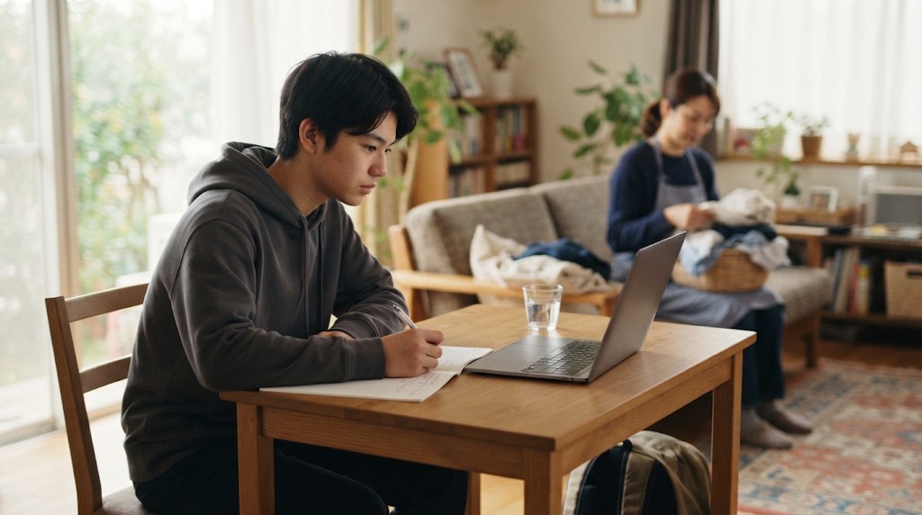 日当たりのよい居間で、男子高校生がノートパソコンを開いてノートを取り、後ろのソファで母親が洗濯物をたたんでいる様子