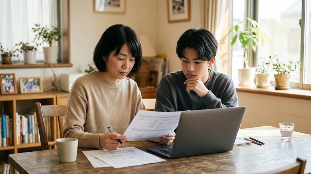明るいダイニングテーブルで、資料とノートパソコンを見ながら話し合う母親と高校生の息子