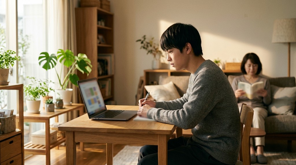 日当たりのよいリビングの机でオンライン授業を受ける高校生と、奥のソファで本を読む家族