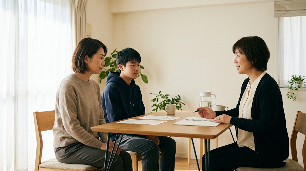明るい相談室で、職員の説明を並んで聞く保護者と高校生