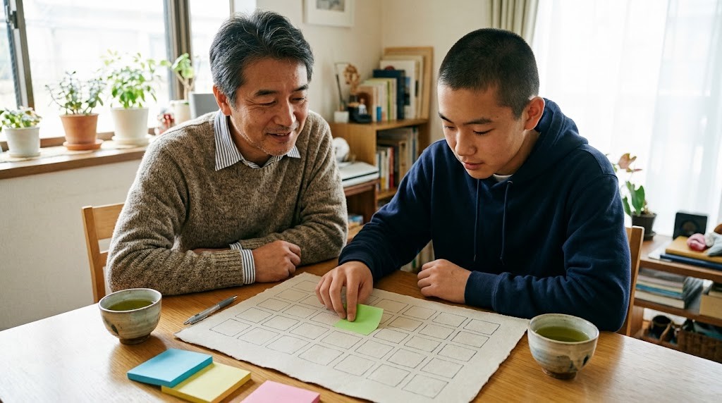 父親と高校生の息子が、手描きの週間表に付箋を貼って予定を整理している様子