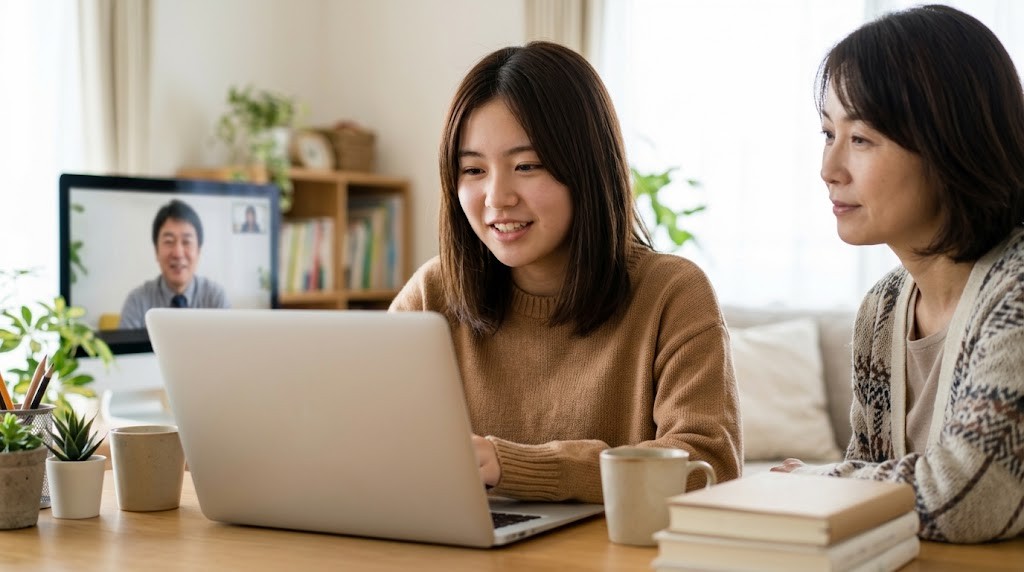 高校生の娘と母親が、オンライン通話で先生と話している様子