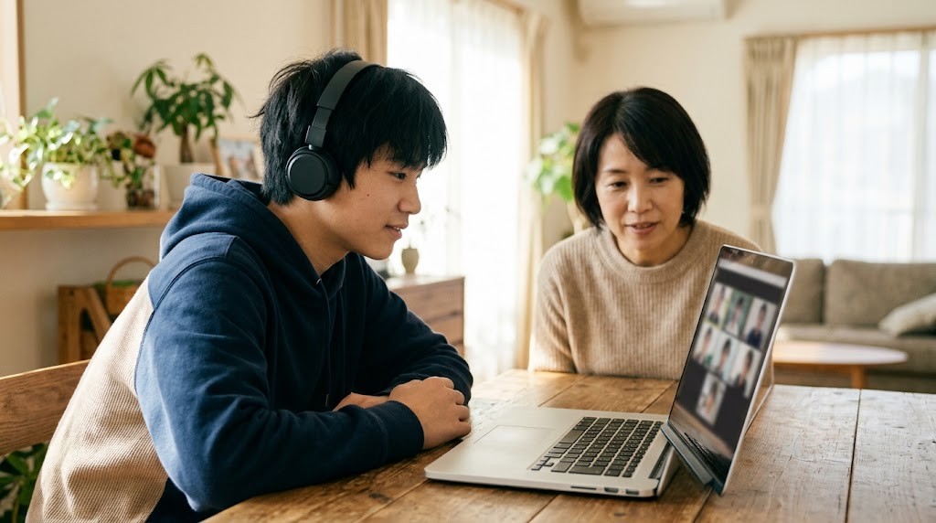ヘッドホンをつけた高校生と母親が、ノートパソコンでオンライン授業を見ている様子