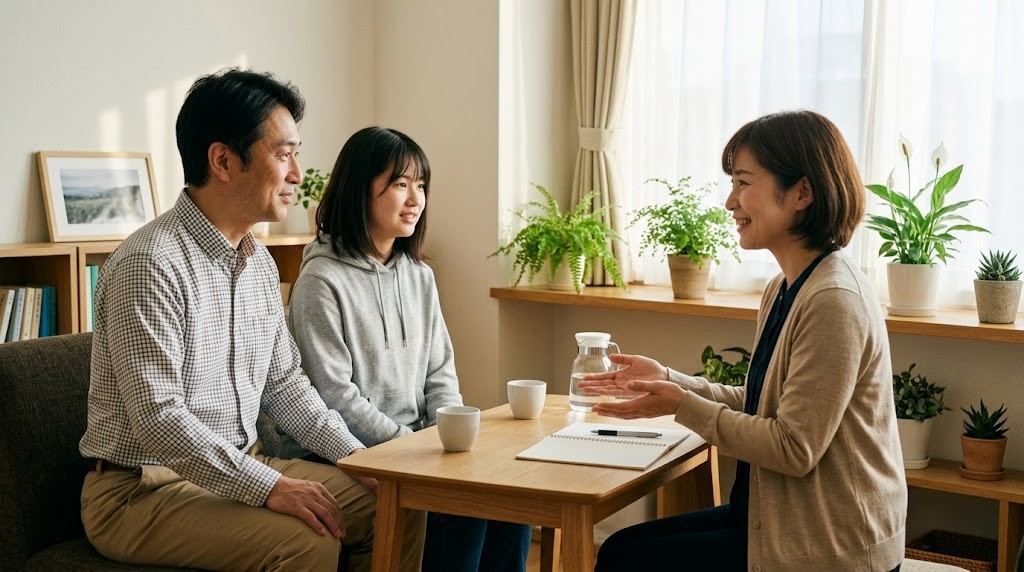 父親と高校生の娘が、相談室でスタッフの説明を聞いている様子