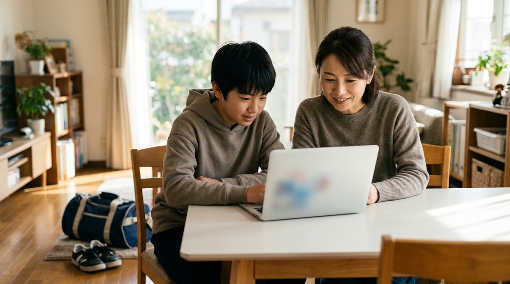 部活のバッグを置いたリビングで、ノートパソコンを見ながら話す保護者と高校生