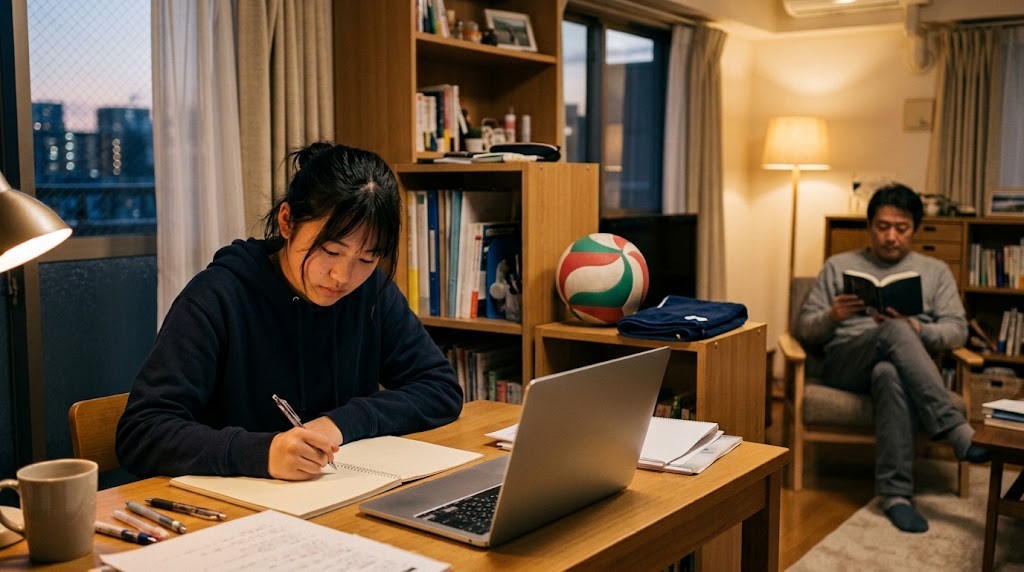 バレーボールを脇に置いて、自宅の机で勉強する高校生