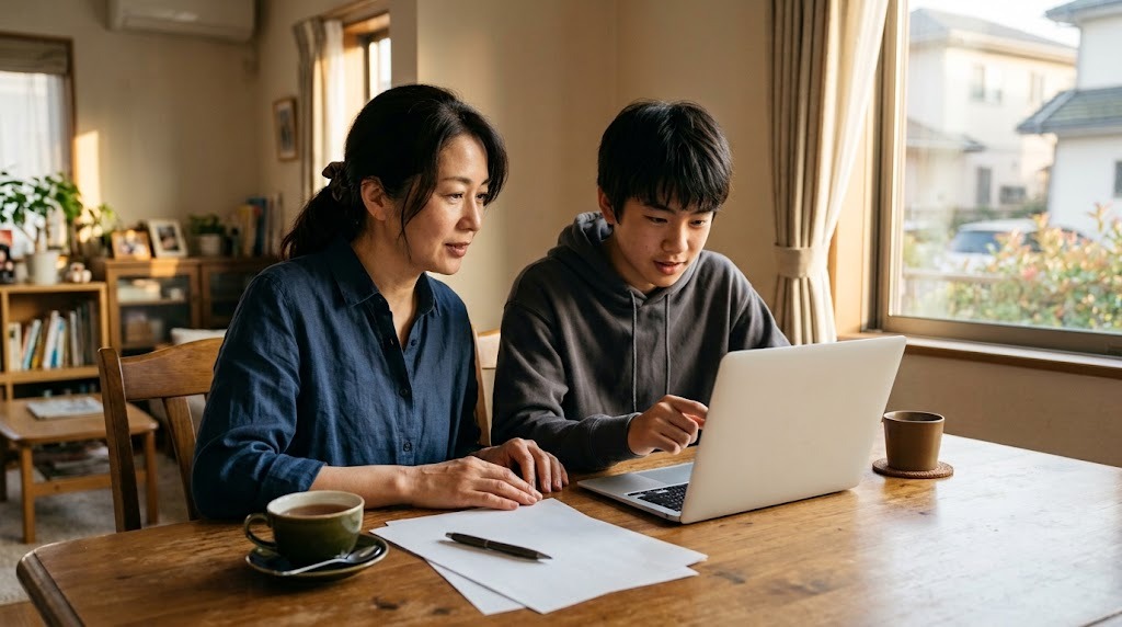 ダイニングテーブルで、母親と息子がノートパソコンと書類を前に話している