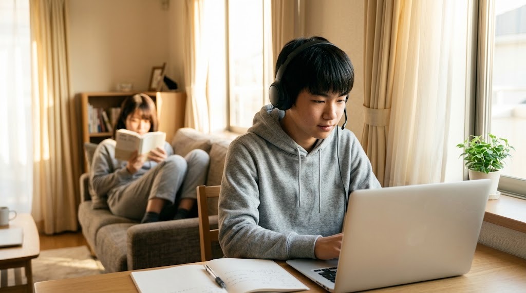 窓辺の机でヘッドホンをした高校生がオンライン授業を受け、奥のソファで姉が本を読んでいる