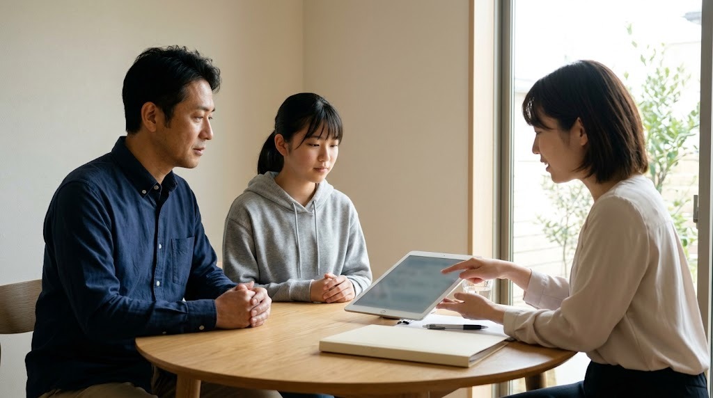 相談室で、父親と娘が職員のタブレットを使った説明を聞いている