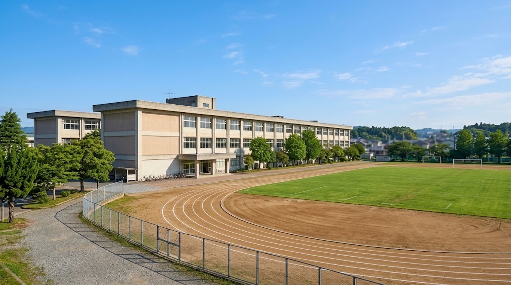 青空の下の高校の校舎と校庭