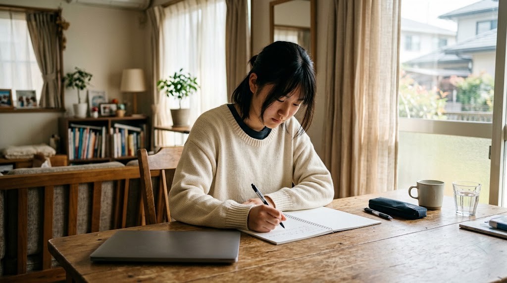自宅のテーブルでノートに書き込みながら勉強する高校生