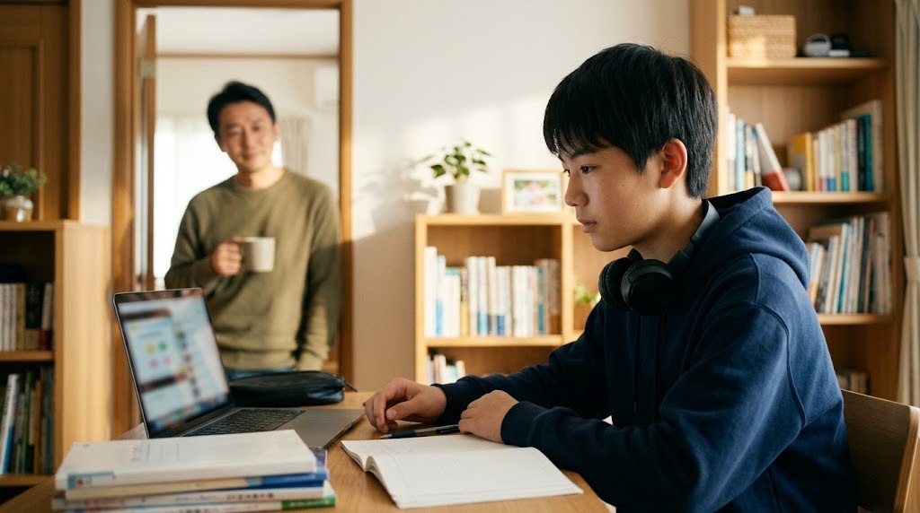 自宅でノートパソコンを見ながら話す保護者と中学生