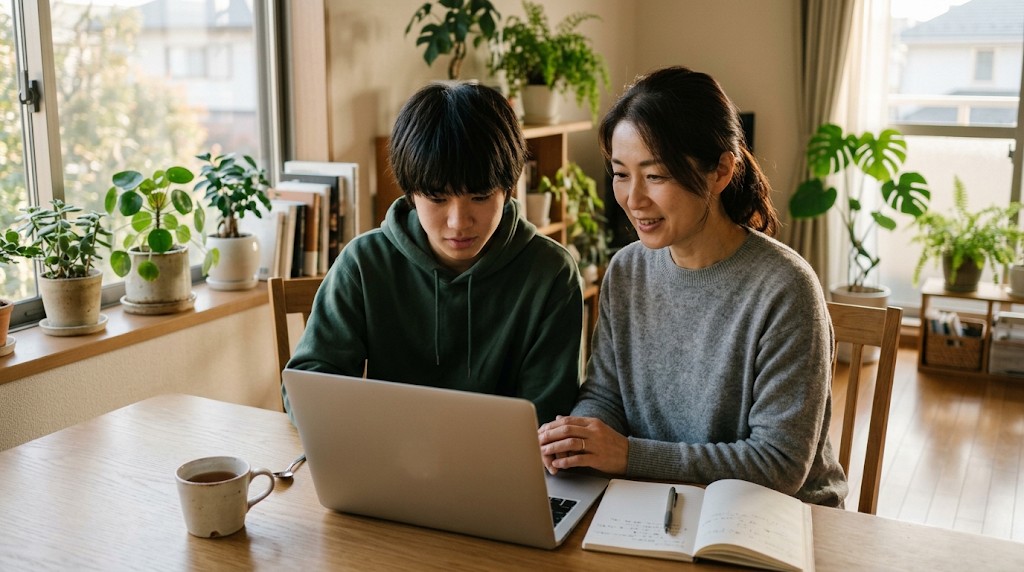 明るいダイニングテーブルで、ノートパソコンを一緒に見ながら今後の進路を話す母親と10代後半の息子