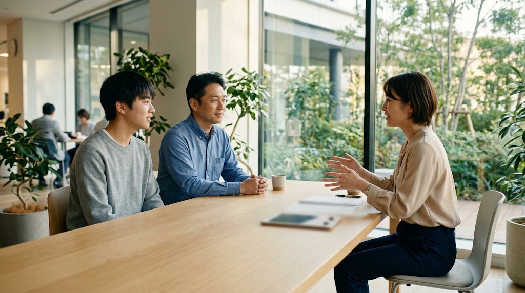 明るい相談窓口のテーブルで、職員の話を並んで聞く18歳前後の若者と父親
