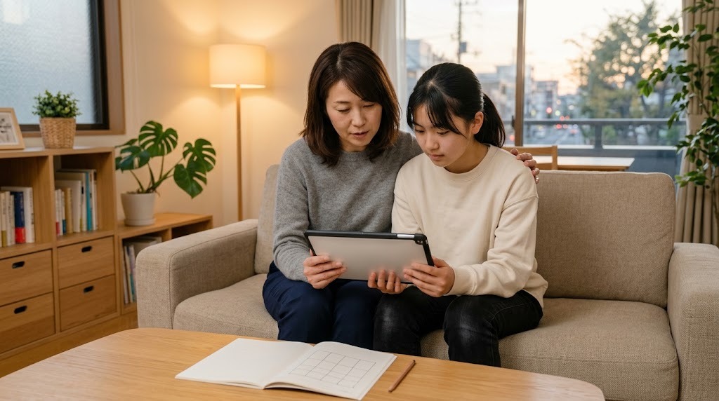 夕方のリビングで、母親と娘がソファに並んでタブレットを見ている