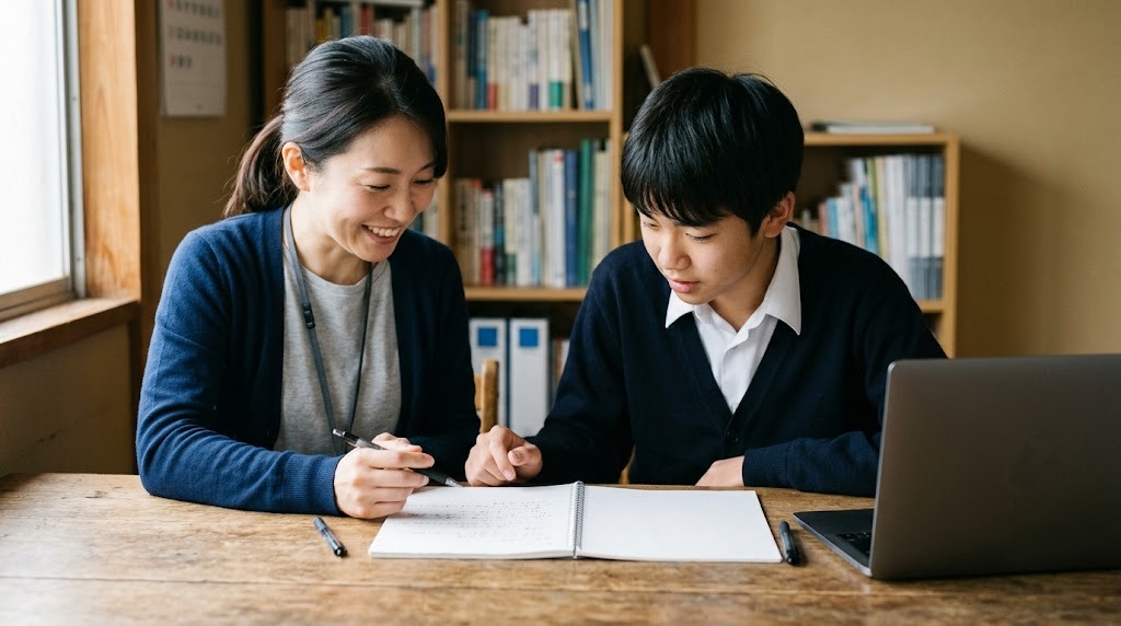 学習室の机で、先生と男子生徒が手書きの文章を一緒に見直している