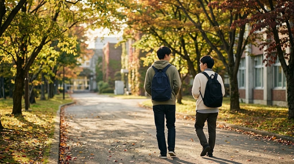 秋の並木道を、2人の若者がリュックを背負って並んで歩いている