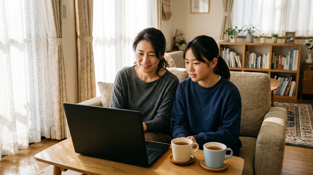 ソファで、母親と娘がノートパソコンを一緒に見ている
