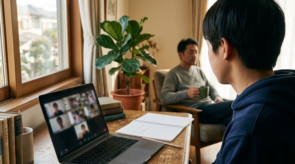 窓辺の机で高校生がオンライン授業を受け、奥で父親がマグカップを手にしている