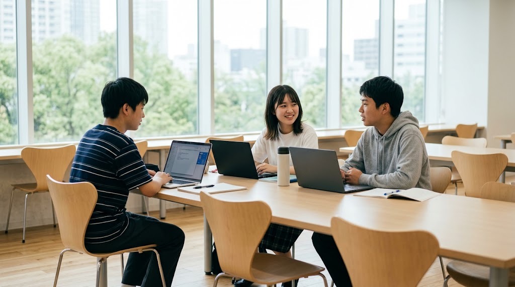 明るい学習室で、3人の高校生がノートパソコンを開いて話している