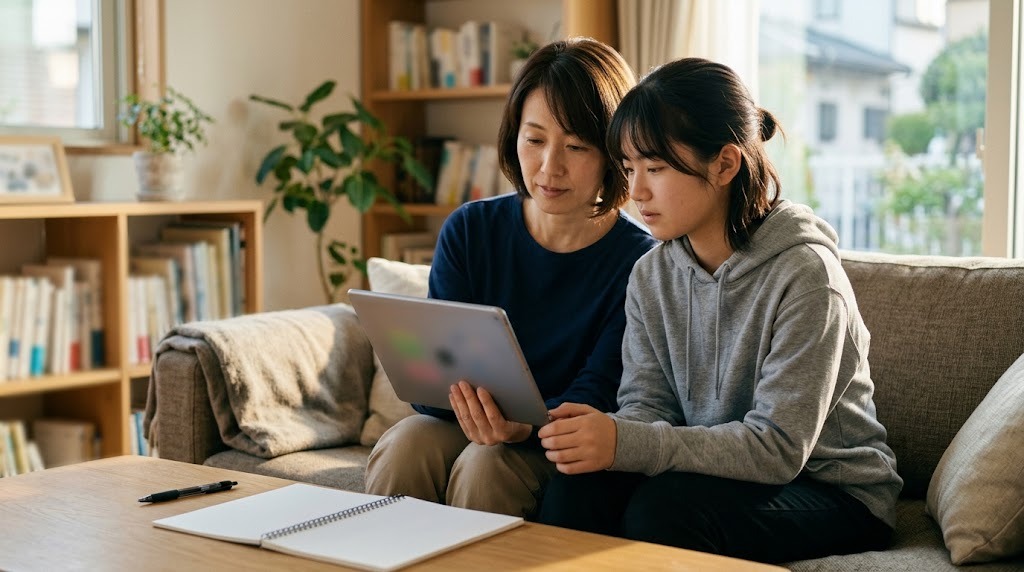 リビングのソファで、母親と娘が並んでタブレットの学校情報を見ている