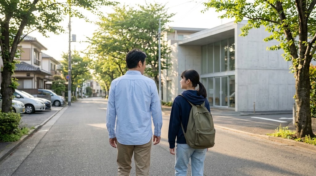 朝の並木道を、父親と娘が並んで学校の建物のほうへ歩いている