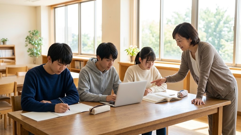 明るい学習室で、3人の生徒が机に向かい、職員が声をかけている