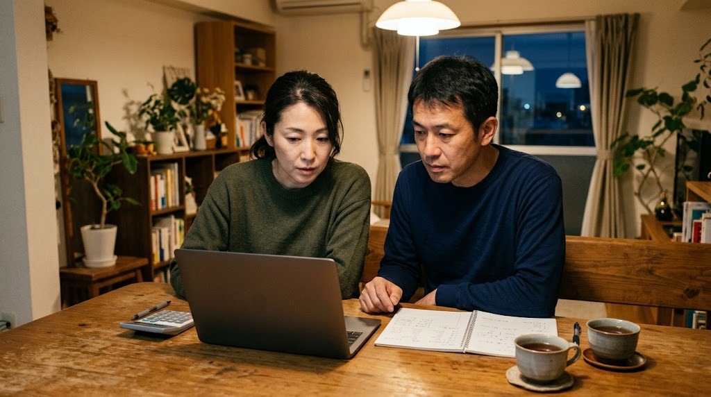 夜のダイニングで、両親がノートパソコンと電卓で家計を確かめている