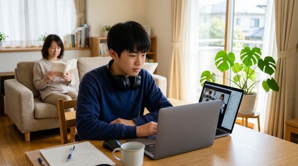 リビングで、ヘッドホンを首にかけた高校生がオンライン授業を受け、奥で母親が本を読んでいる