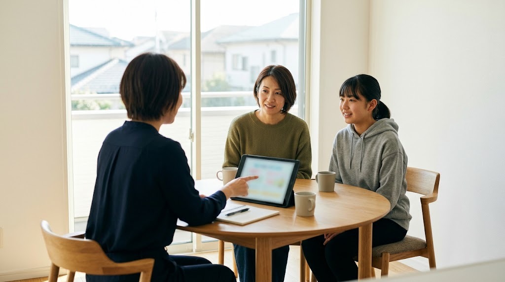 明るい相談室で、母親と娘が職員のタブレットを使った説明を聞いている