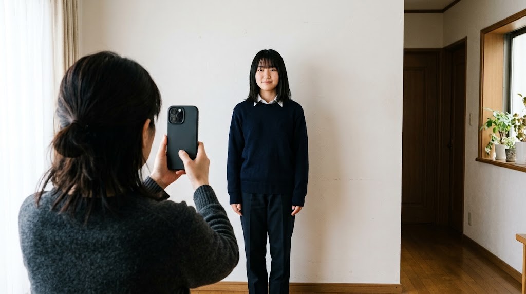 自宅の白い壁の前に立つ中学生を、保護者がスマートフォンで撮影している