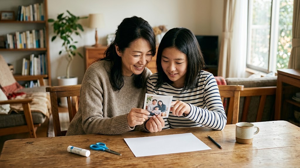 ダイニングテーブルで、母親と娘が小さな写真を手に取り、はさみとのりを用意している