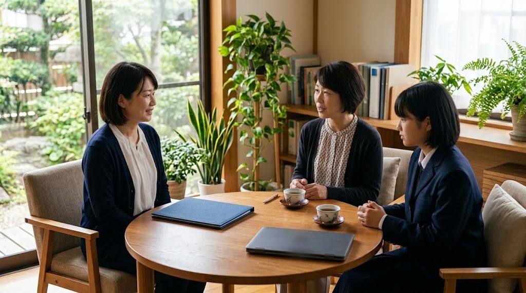 明るい相談室の丸テーブルで、職員と保護者、中学生が話している