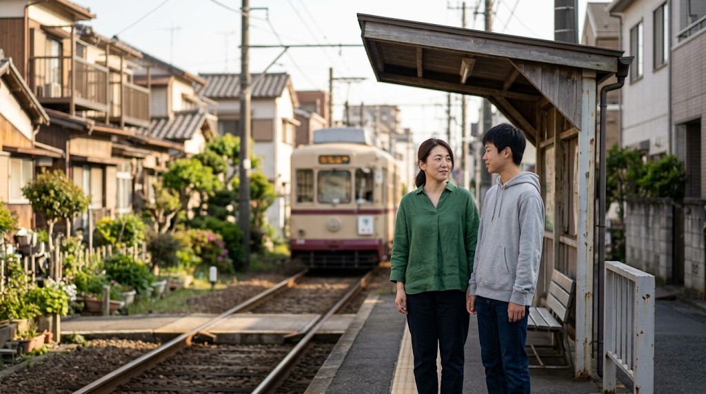 住宅街の路面電車の停留場で、並んで電車を待ちながら話す母親と高校生の息子