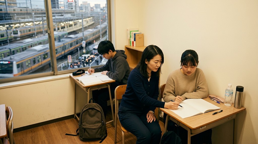 線路が見える駅近くの学習室で、高校生の横に座ってノートを見ながら説明するスタッフ