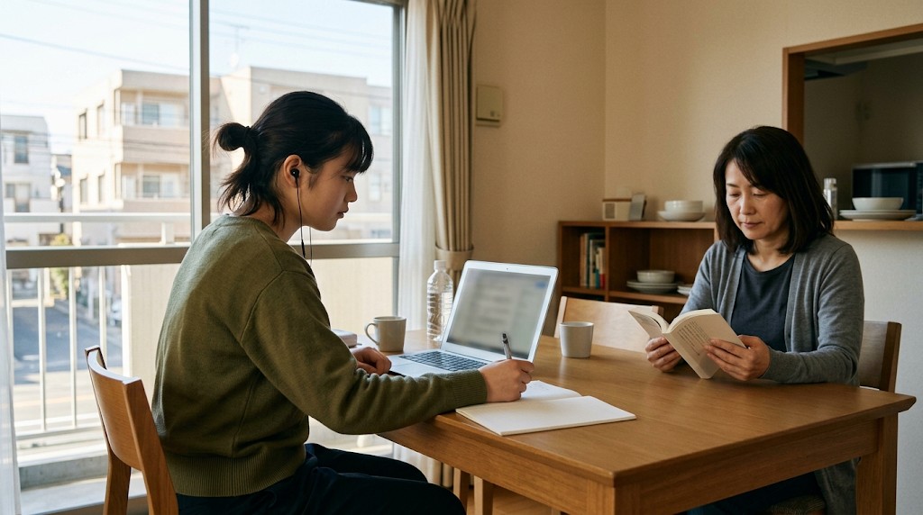 朝の食卓で、ノートパソコンのオンライン授業を受ける高校生と、向かいで本を読む母親